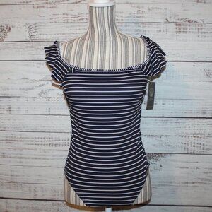 Vince Camuto Black White ruffle Striped One-Piece Swimsuit Size 10 NWT V97557